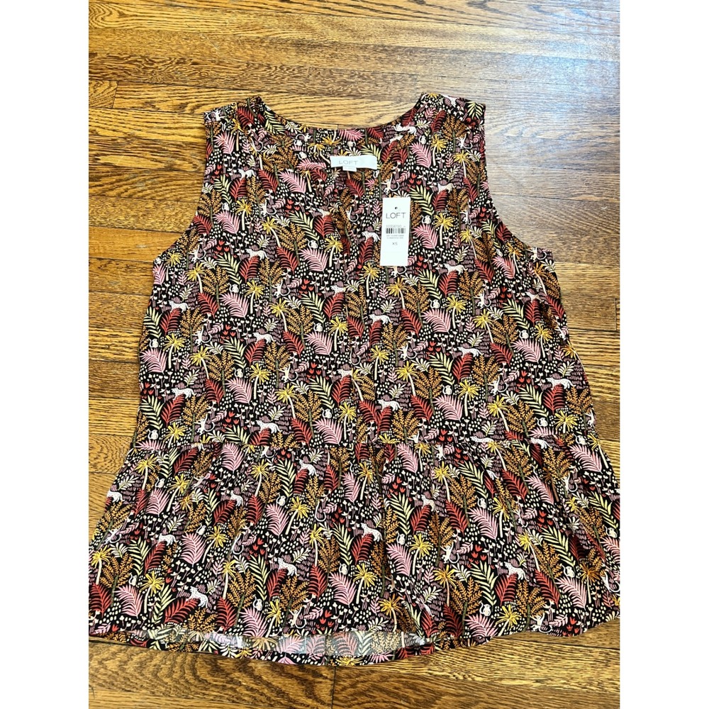 NEW LOFT Womens Tropical Jungle Print Peplum Top Sleeveless V-Neck Blouse XS